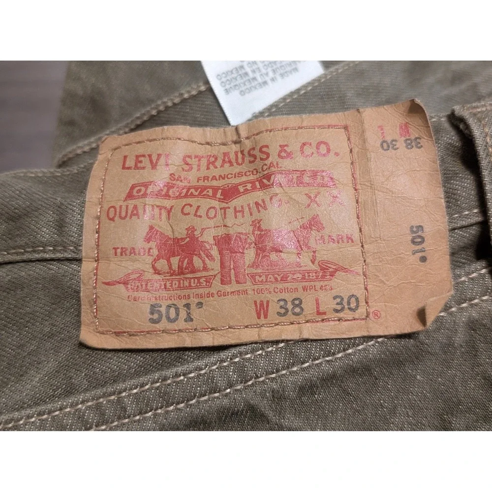 Levis 501 Original Mens 38x30‎ Olive Green Straight Leg Button Fly Denim Jeans